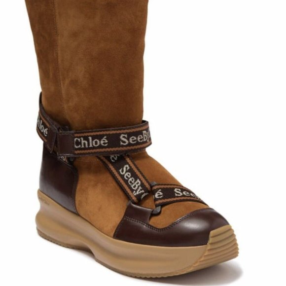 SEE BY CHLOE Branded Strap Faux Fur Lined Ankle Boot MSRP$495 EU 40 in Burgundy